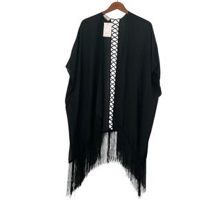 David & Young Kimono OS Black Sheer Fringe Whimsigoth Witchy Boho Festival Gypsy